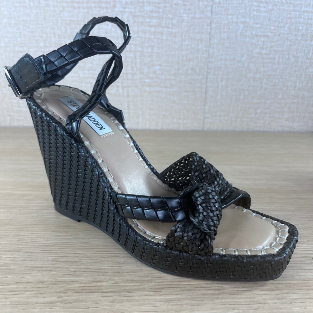 Steve Madden Anjy Black Woven Wedge Sandals Ankle Strap Platform Size 8